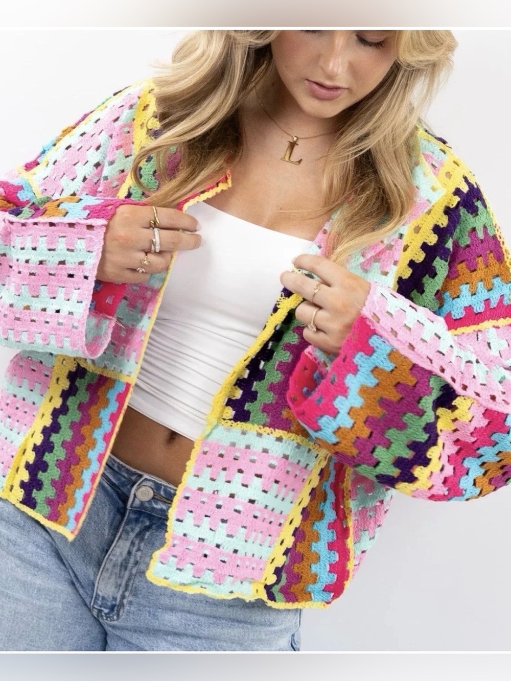 POL Patchwork Color Block Sweater Colorful handmade crocheted Cardigan One Size